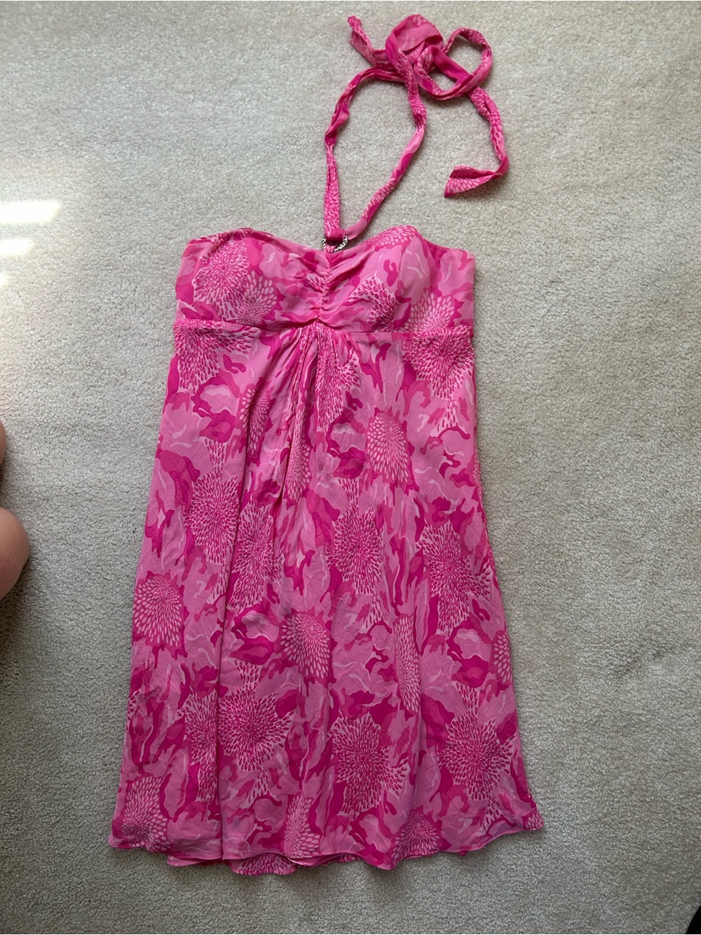 Lilly Pulitzer Y2K Pink Floral Silk Halter Sundress with sequin details size 2
